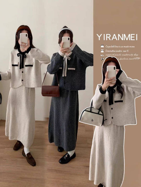 Premium Ribbon Collar Soft Sweater With Skirts Sets